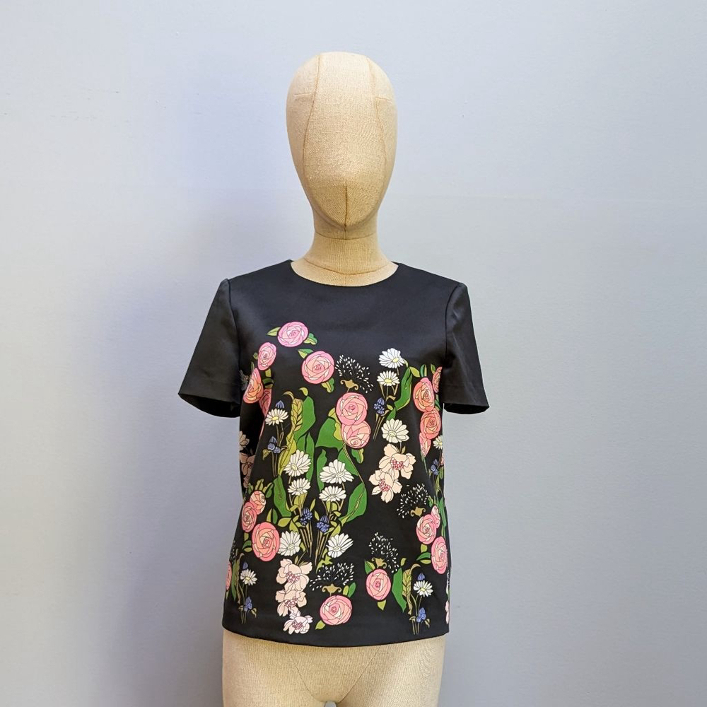 Tara Jarmon Black and Pink Floral Short Sleeve Top Size 36